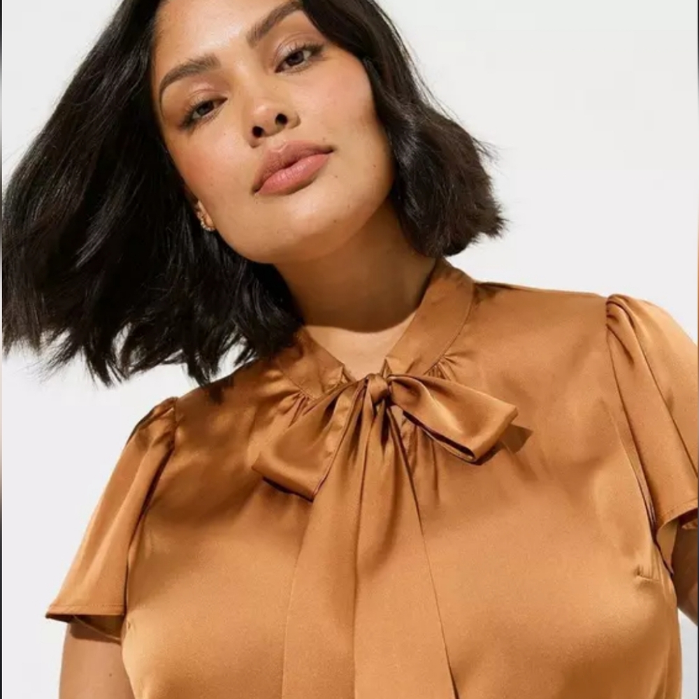 Torrid | Satin Golden Rust Brown Necktie Accent Blouse - Picture 4 of 11